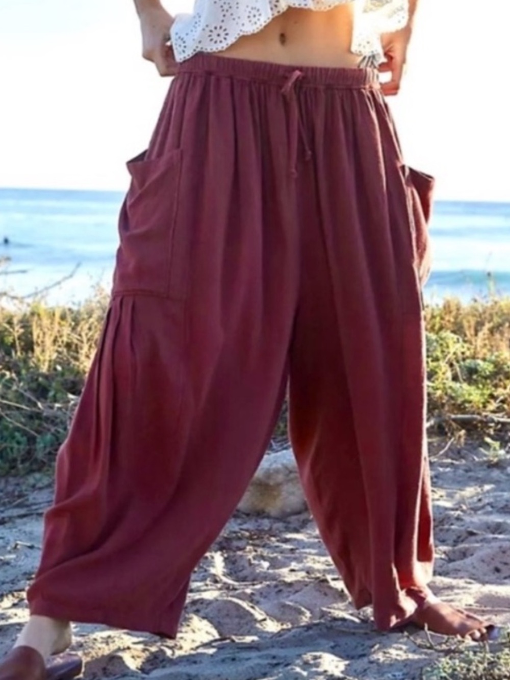 Free People Quinn Baggy Culottes Linen Blend in Mahogany Sz S